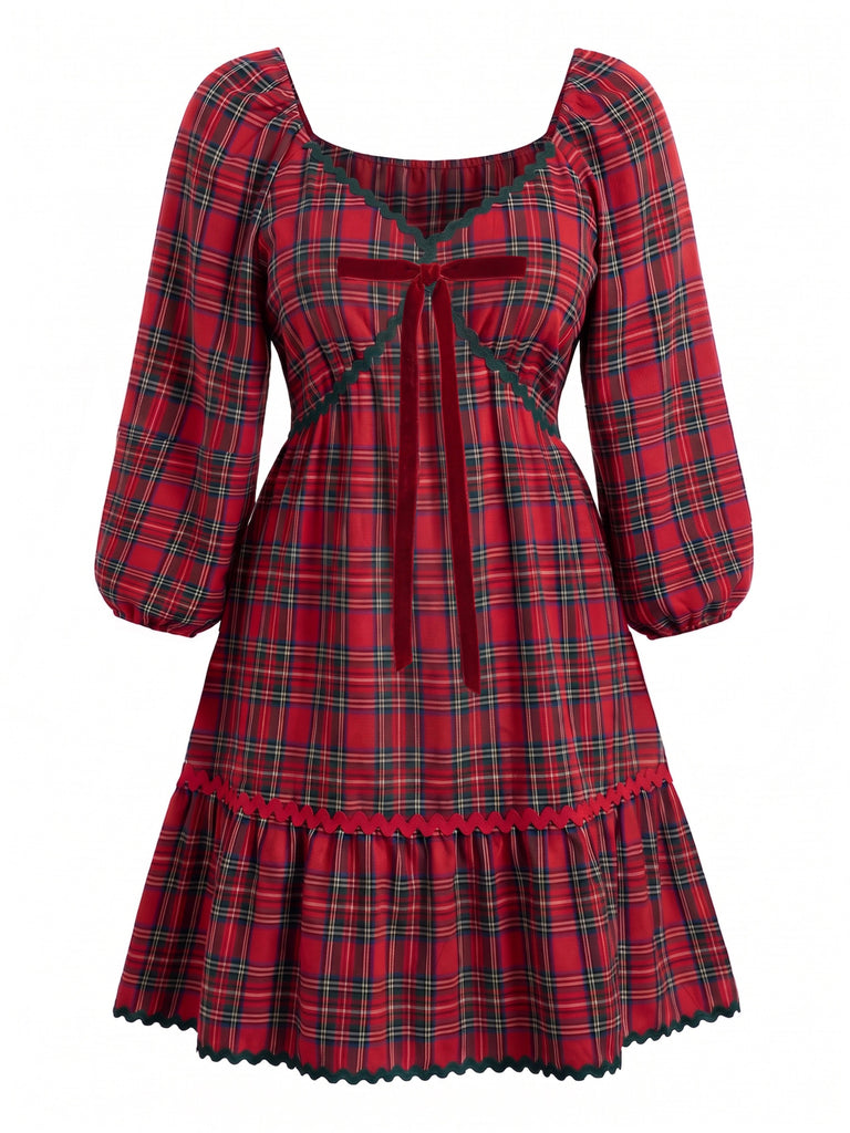 [Plus Size] Red 1950s Plaid V-Neck Waist Bow Swing Dress
