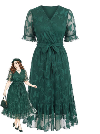 Plus Size Lace Bell Sleeve Midi Dress 1