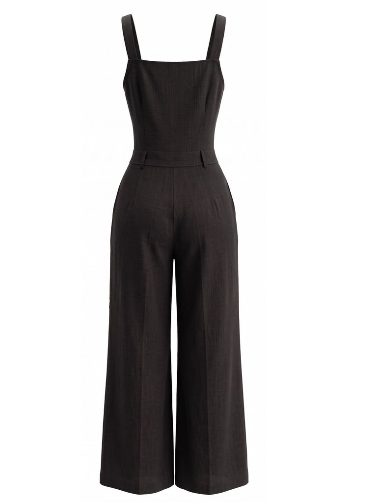 1940s Square Neck Sleeveless Buttoned Solid Jumpsuit
