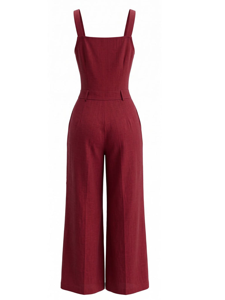 1940s Square Neck Sleeveless Buttoned Solid Jumpsuit