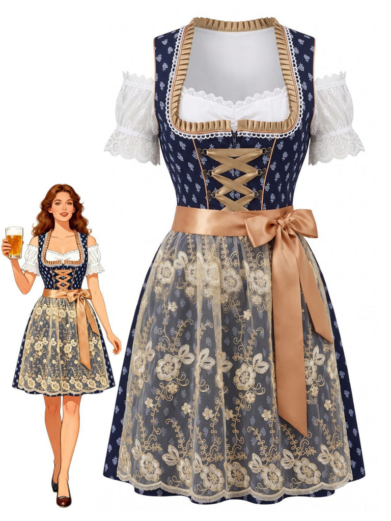 3PCS Blue 1950s Off‑Shoulder Top & Square Neck Dress & Lace Apron