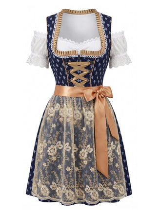 3PCS Blue 1950s Off‑Shoulder Top & Square Neck Dress & Lace Apron