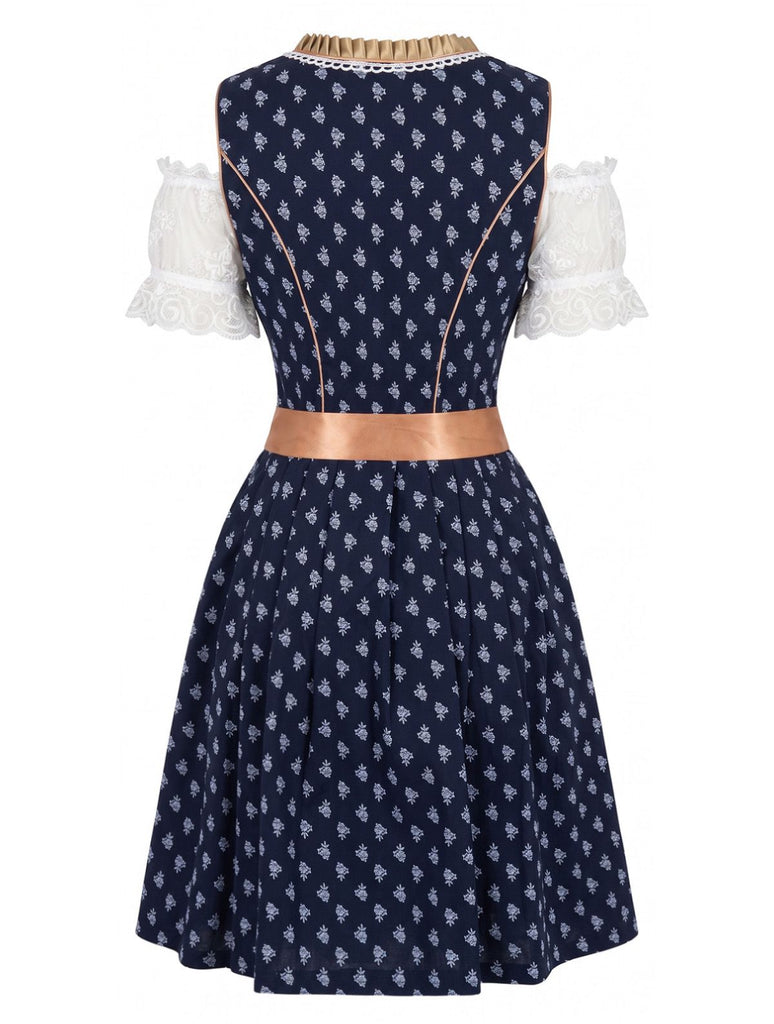 3PCS Blue 1950s Off‑Shoulder Top & Square Neck Dress & Lace Apron