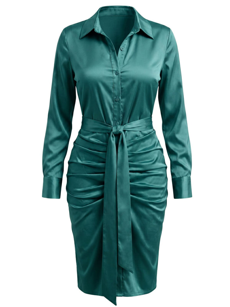 1960s Satin Ruched Tie Waist Shirt Dress