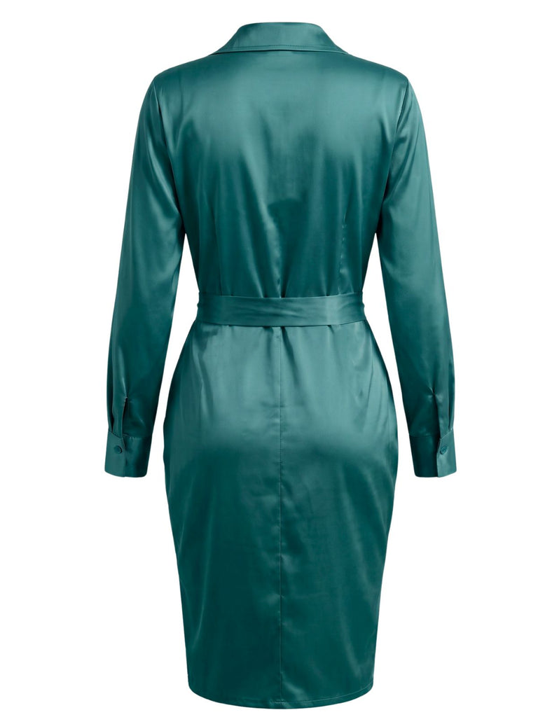 1960s Satin Ruched Tie Waist Shirt Dress
