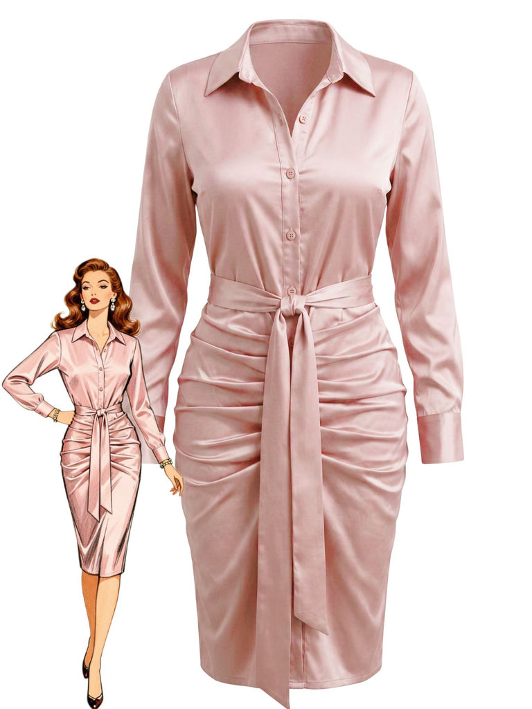 1960s Satin Ruched Tie Waist Shirt Dress