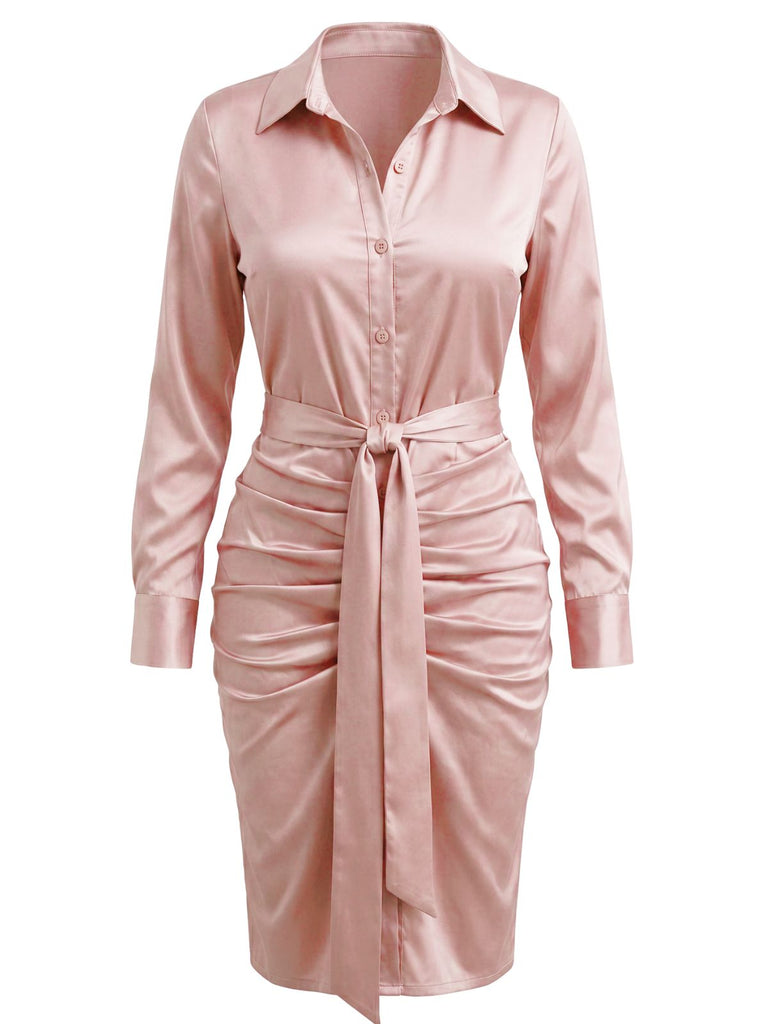 1960s Satin Ruched Tie Waist Shirt Dress