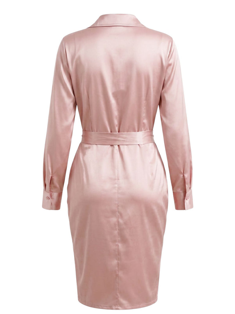 1960s Satin Ruched Tie Waist Shirt Dress