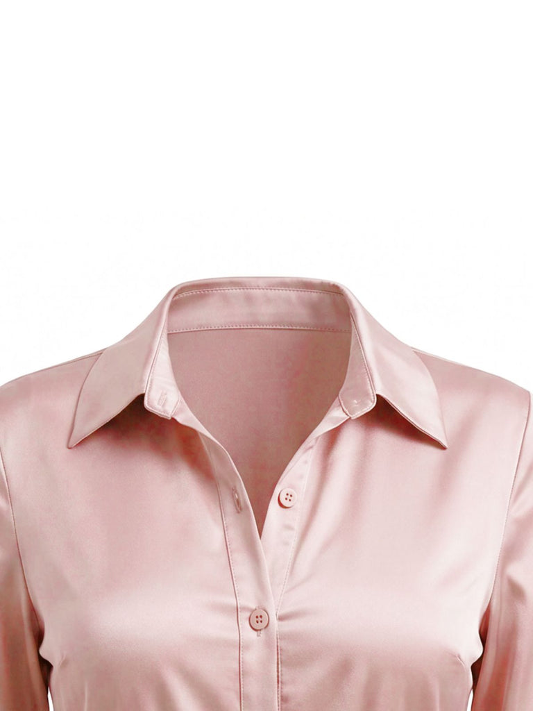 1960s Satin Ruched Tie Waist Shirt Dress