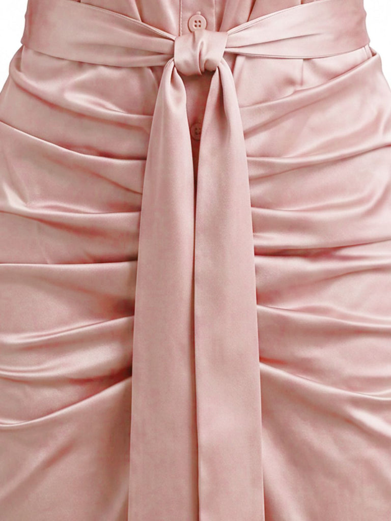 1960s Satin Ruched Tie Waist Shirt Dress