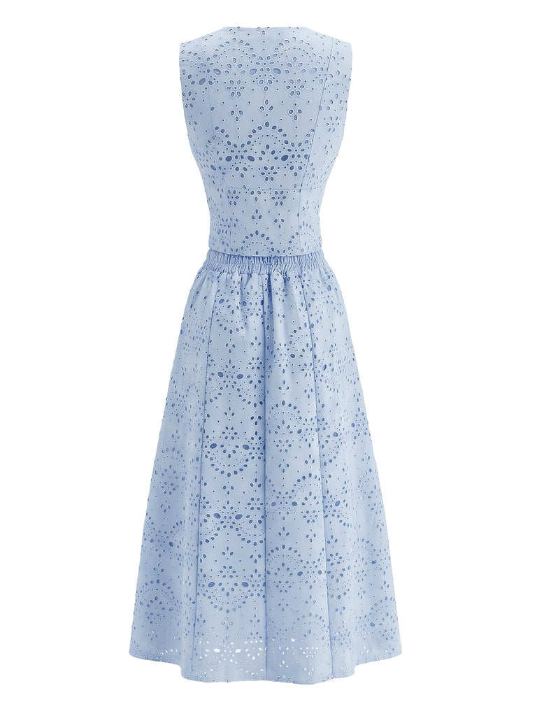 Light Blue 1950s V Neck Two Piece Set 3