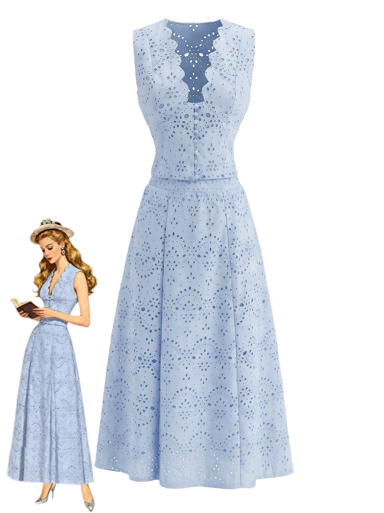 2PCS Blue 1950s Plunging Embroidery Vest & Maxi Skirt