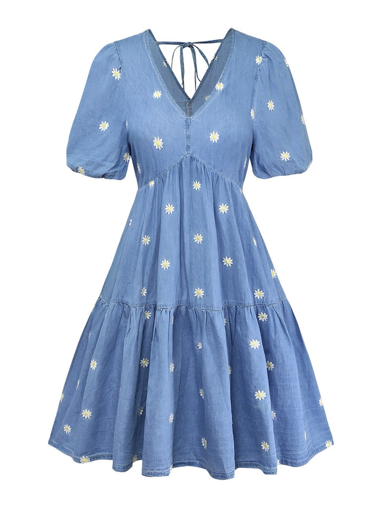 Blue 1950s Floral V Neck Dress