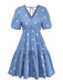 Blue 1950s Floral V Neck Dress