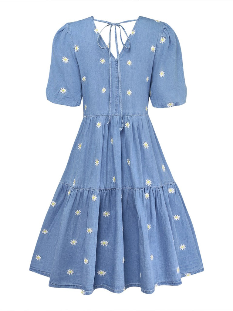 Blue 1950s Floral V Neck Dress 2