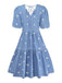Blue 1950s Floral V Neck Dress 2