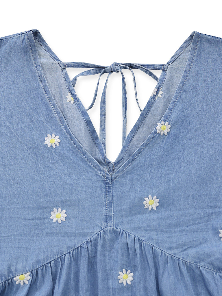 Blue 1950s Floral V Neck Dress 3