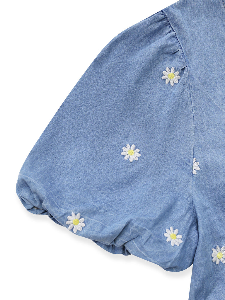 Blue 1950s Floral V Neck Dress 4