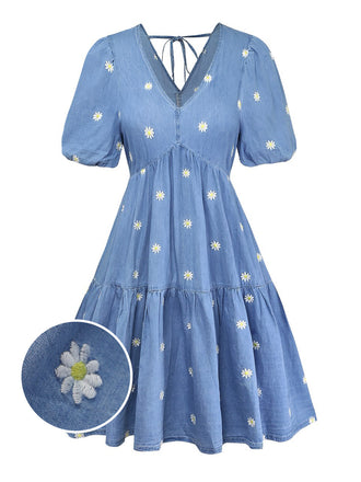 Blue 1950s Floral V Neck Dress 7