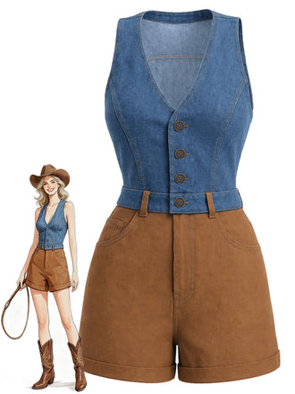 [Pre-Sale] Blue And Brown 1970s V Neck Denim Jumpsuit