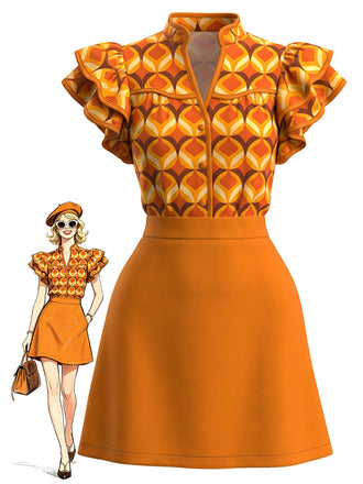 Orange 1960s Geometric Print Ruffle Stand Collar Dress