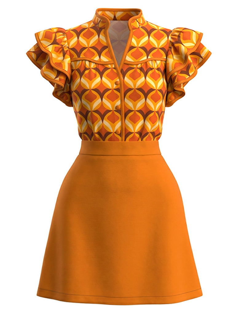 Orange 1960s Geometric Print Ruffle Stand Collar Dress