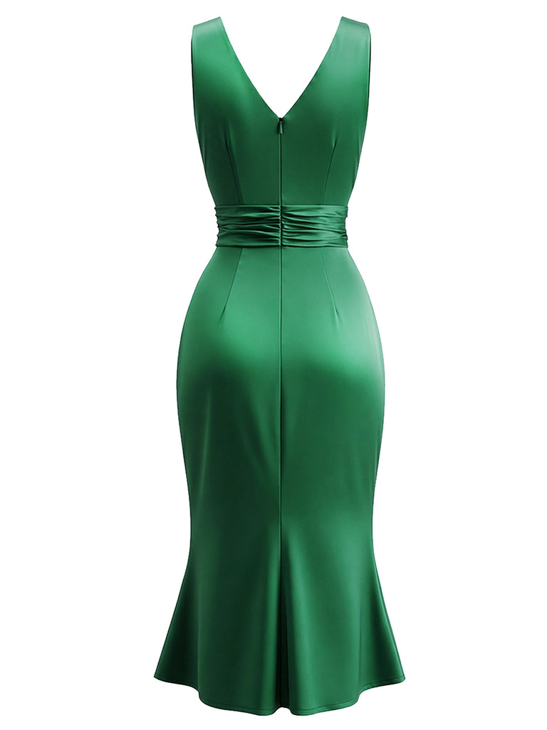 [Pre-Sale] Green 1950s Satin Ruched V-Neck Mermaid Dress