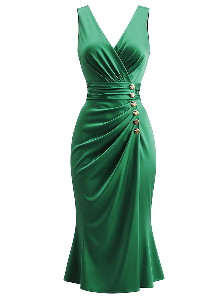 [Pre-Sale] Green 1950s Satin Ruched V-Neck Mermaid Dress