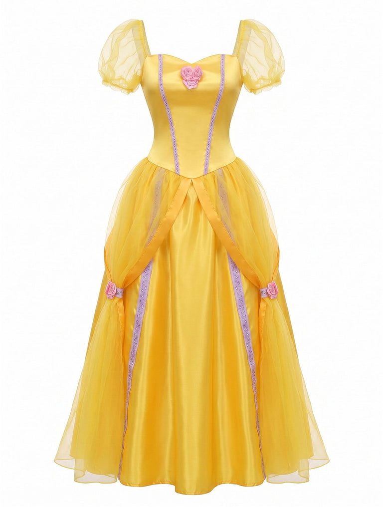 Yellow 1970s Princess Rose Bow Puff Sleeve Dress Set