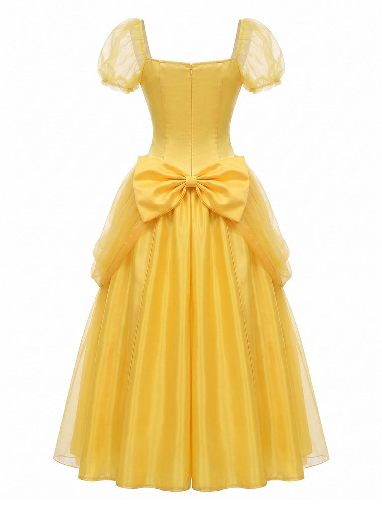 Yellow 1970s Princess Rose Bow Puff Sleeve Dress Set