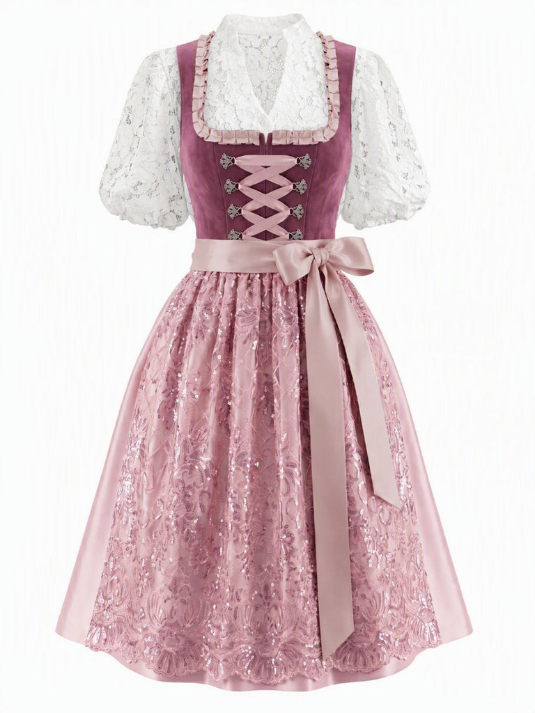 3PCS Pink 1950s White Top & Floral Square Neck Dress & Sequin Apron