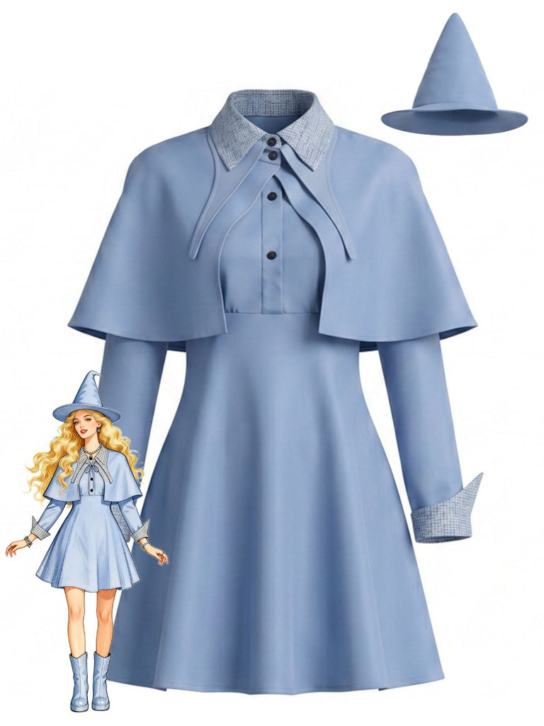 Blue 1950s Witch Cosplay Dress Cape Hat Costume Set