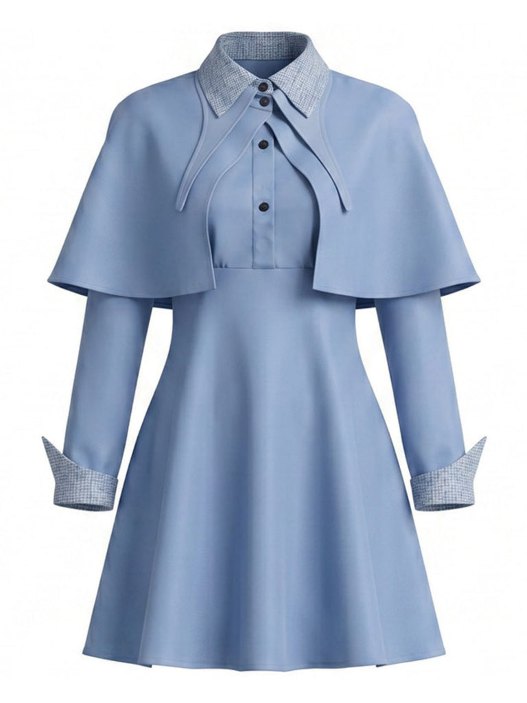 Blue 1950s Witch Cosplay Dress Cape Hat Costume Set