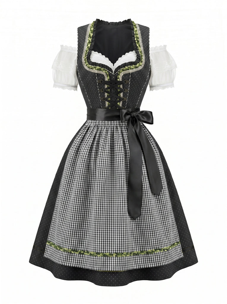 Black 1950s Plaid Lace Square Neck Two Piece Set