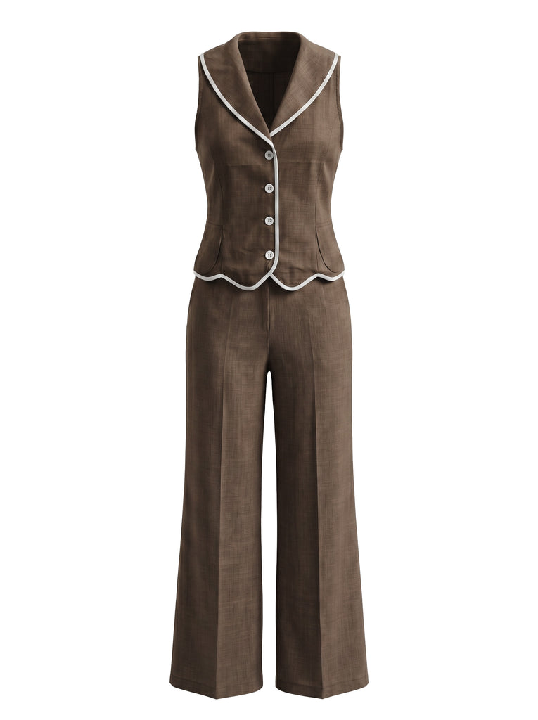 Caramel Colour 1950s V Neck Two Piece Set 2