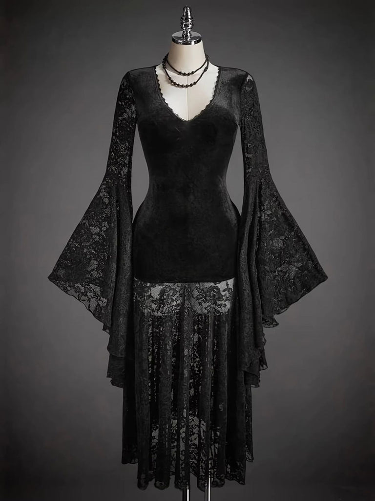 Black 1960s Lace V Neck Dress