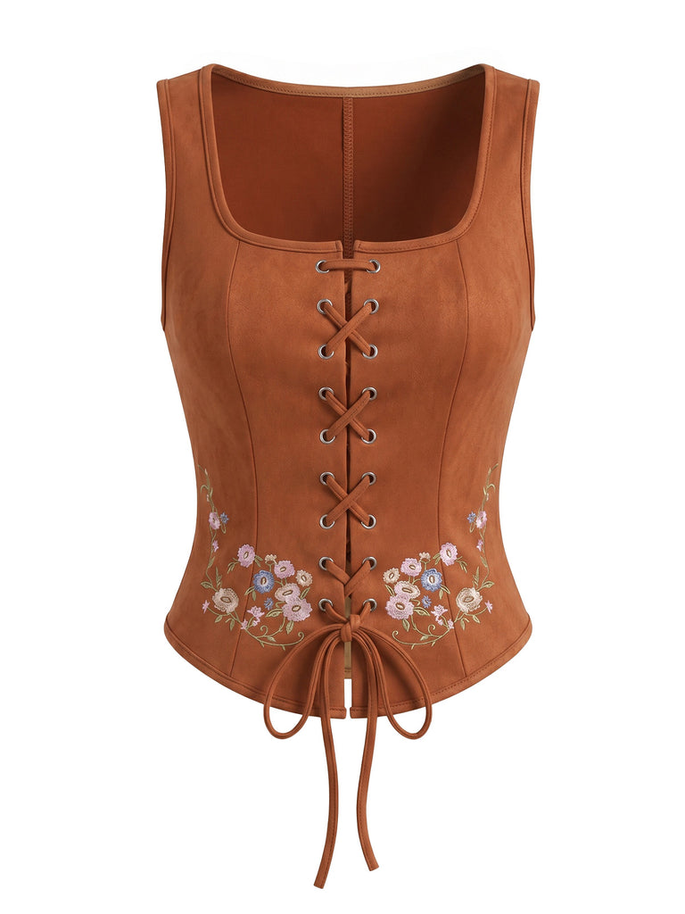 Light Brown 1950s Floral Square Neck Top