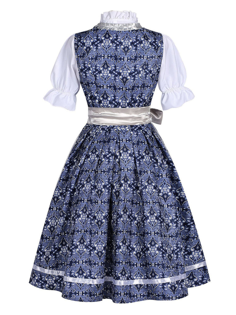 Dark Blue 1950s Floral V Neck Two Piece Set 2