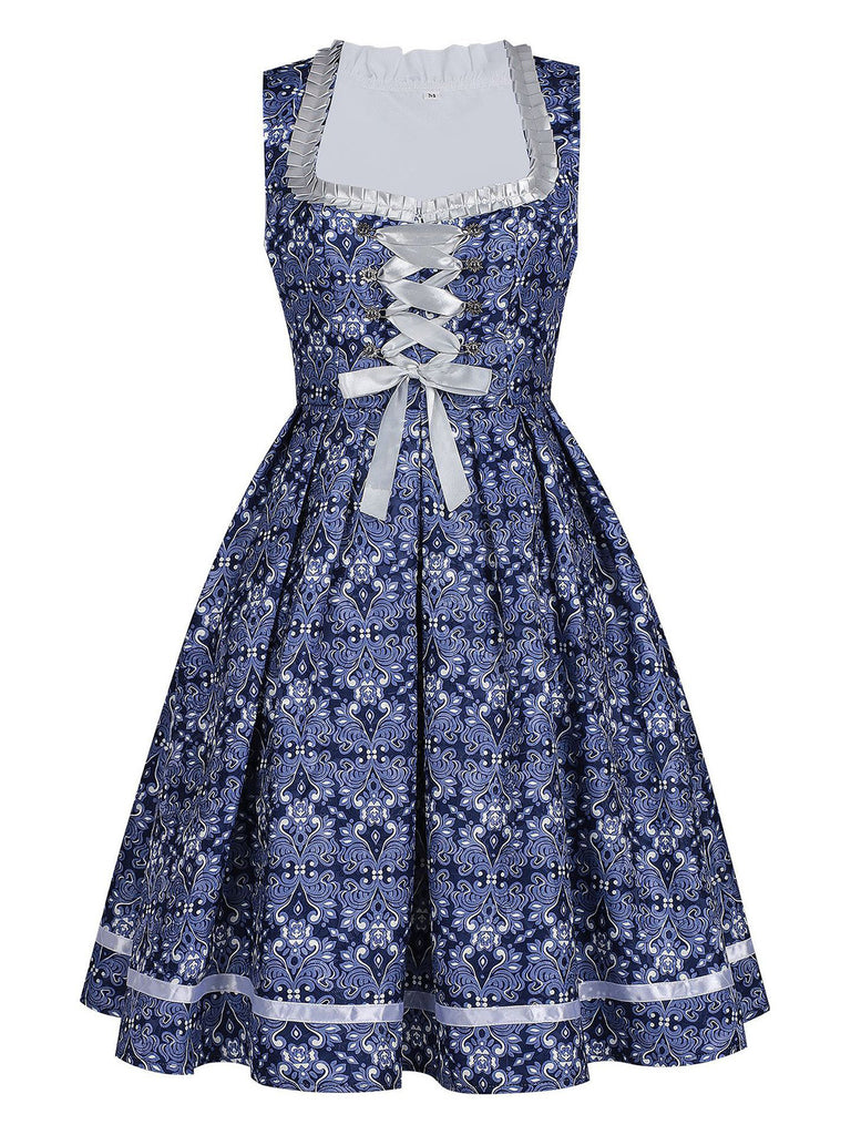 Dark Blue 1950s Floral V Neck Two Piece Set 3