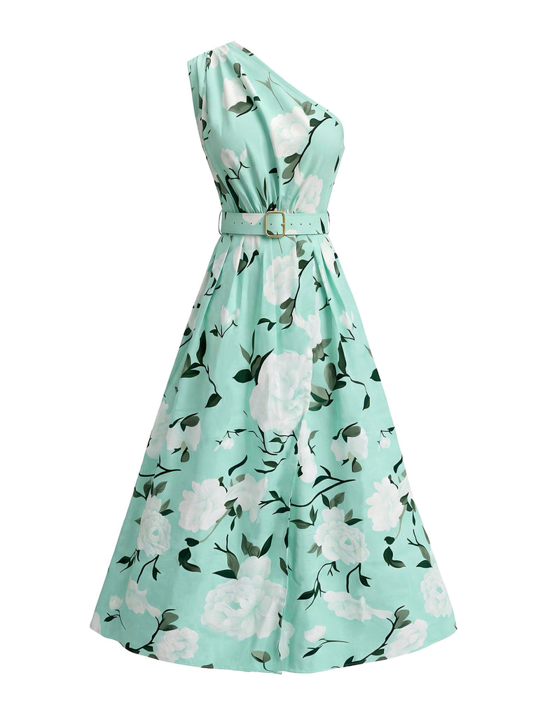 Ice Green 1950s Floral One-Shoulder Sleeveless Dress, vintage dress, retro fashion, rockabilly, pin-up fashion - perfect for women who love vintage and retro fashion