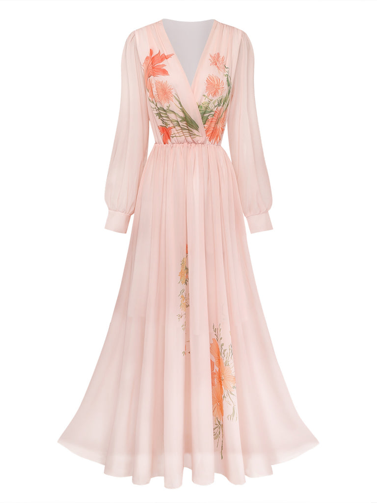 Orange Pink 1930s Floral V Neck Dress 2