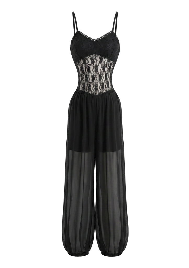 1980s Lace Sheer Mesh Cami Jumpsuit