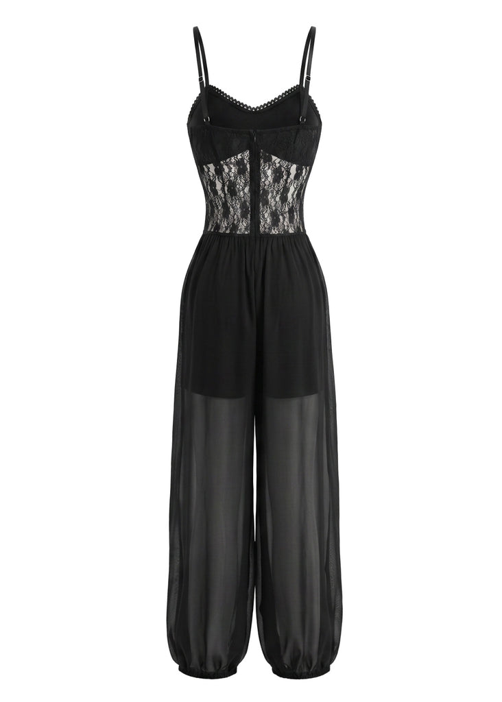 1980s Lace Sheer Mesh Cami Jumpsuit