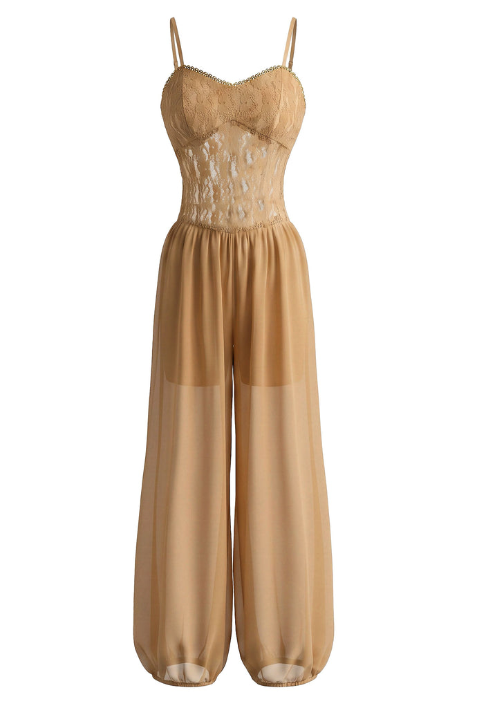 1980s Lace Sheer Mesh Cami Jumpsuit