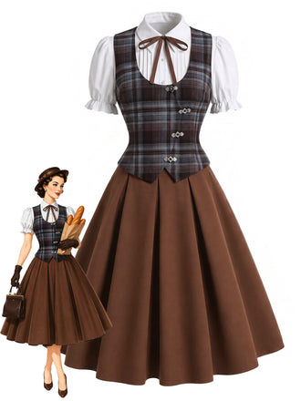 [Pre-Sale] 3PCS 1950s Puff Sleeve Blouse & Plaid Vest & Skirt Set
