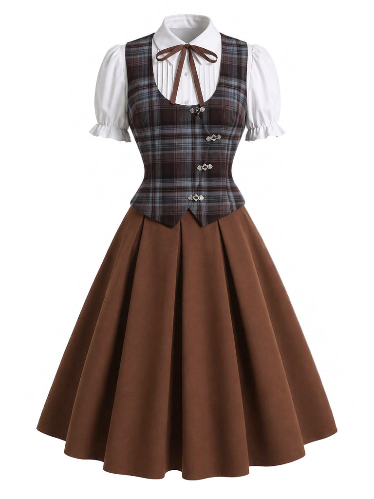 [Pre-Sale] 3PCS 1950s Puff Sleeve Blouse & Plaid Vest & Skirt Set