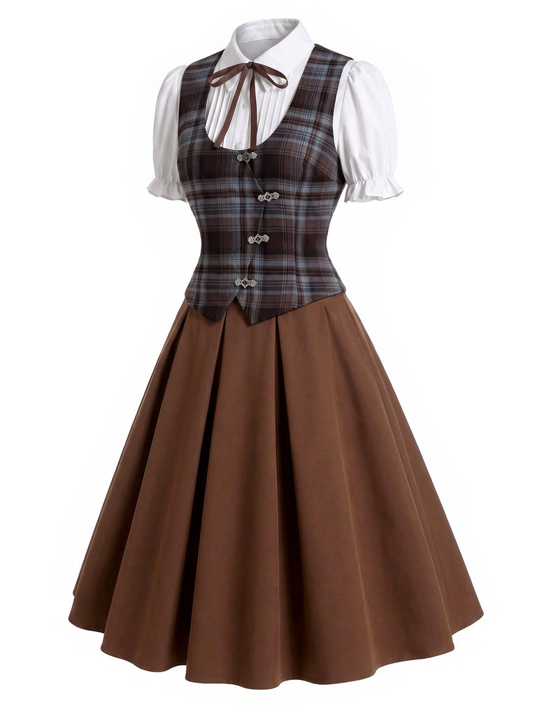 [Pre-Sale] 3PCS 1950s Puff Sleeve Blouse & Plaid Vest & Skirt Set