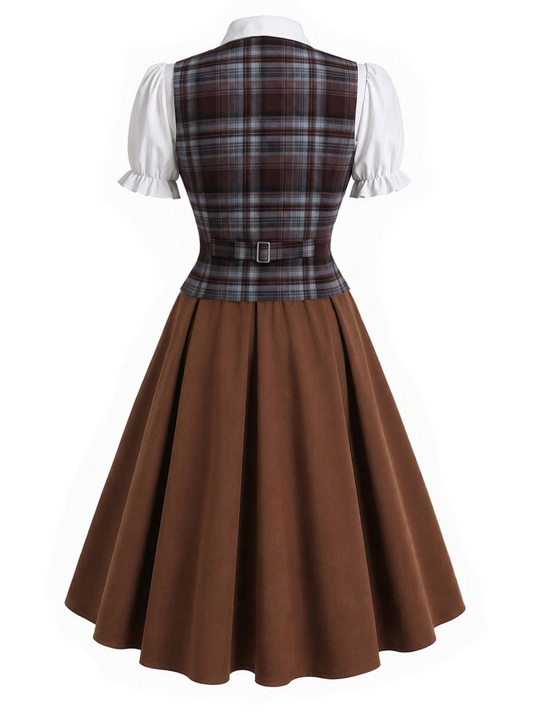 [Pre-Sale] 3PCS 1950s Puff Sleeve Blouse & Plaid Vest & Skirt Set