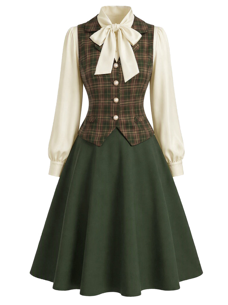 [Pre-Sale] 3PCS 1940s Bow Tie Blouse & Plaid Vest & A Line Skirt