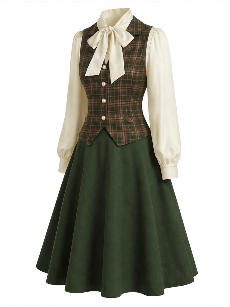 [Pre-Sale] 3PCS 1940s Bow Tie Blouse & Plaid Vest & A Line Skirt